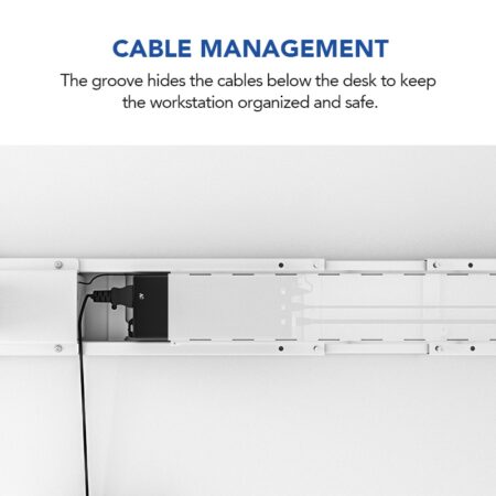 A close-up view of a cable management system under an E8 Standing Desk, showing cords neatly organized within a designated groove along the edge of the desk.