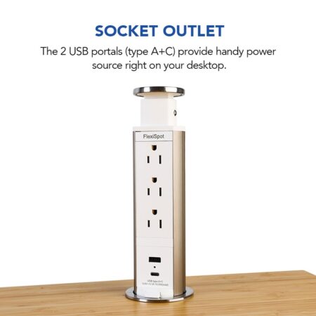 A cylindrical desktop power socket outlet featuring two USB sockets (type A+C) and multiple plug sockets, designed for use with a standing desk.