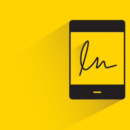 A graphic of a black E-signature pad with a stylized signature displayed, set against a bright yellow background.