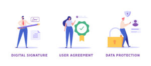 Three illustrated panels: the first shows a man with a pen, the second a woman next to a verified user agreement, and the third a person near a lock, symbolizing "E-Signature