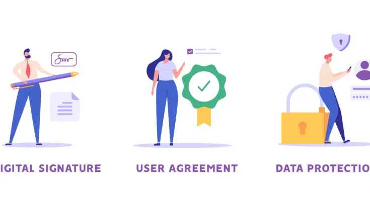 Three illustrated panels: the first shows a man with a pen, the second a woman next to a verified user agreement, and the third a person near a lock, symbolizing "E-Signature