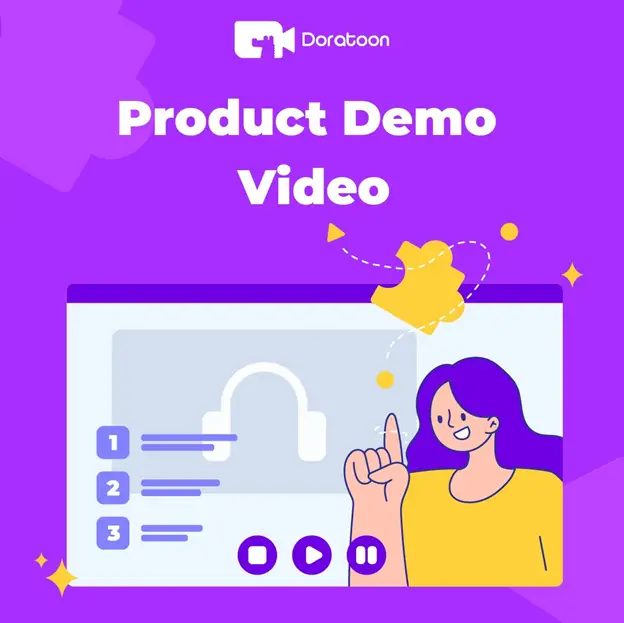 Graphic of a woman presenting an "animation videos online" screen with playlist options, highlighted by a vibrant purple background and the doratoon logo at the top.
