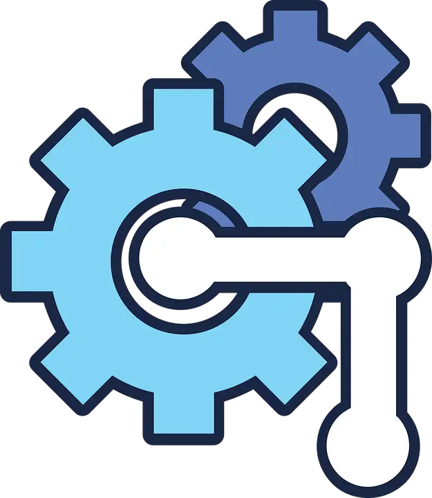 Icon depicting three interlocking gears in blue tones, with a white key inserted into the central gear, symbolizing concepts of access, security, or VPN configuration.