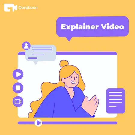 Illustration of a woman with blonde hair presenting an animation video on a computer screen, symbolized by icons like a play button and text bars. The design includes a purple and yellow color scheme.