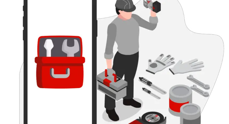 An isometric illustration showing a man in a grey outfit using a drill, with an oversized smartphone displaying software for handymen and various tools like wrenches, gloves, and a tape measure around him