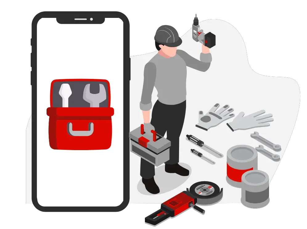 An isometric illustration showing a man in a grey outfit using a drill, with an oversized smartphone displaying software for handymen and various tools like wrenches, gloves, and a tape measure around him