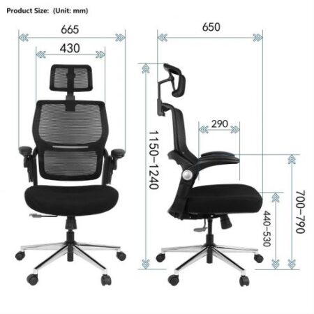 Image of the Flexi-Chair BackSupport Office Chair with dimensions labeled. Shows front and side views detailing the seat width, height, and armrest adjustments. Measurements are provided in millimeters