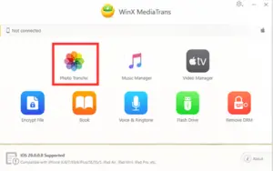 Screen capture of the WinX MediaTrans software interface, displaying icons for different functionalities like photo transfer, music manager, and video manager, with status "not connected." Learn how to transfer photos