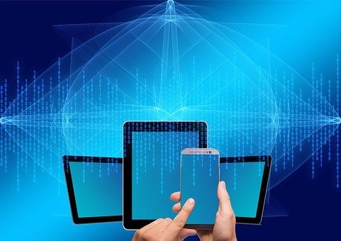 A hand holding a smartphone connected to multiple devices, symbolizing network connections and data exchange for transferring photos from iPhone, set against a digital backdrop with binary code.