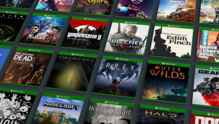 A grid array of various video game covers compatible with Windows 11, including titles like "Minecraft," "The Witcher," "Halo," and "Prey," representing a diverse range of