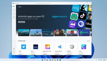 Screenshot showing the Windows 11 Microsoft Store interface on a PC with a feature highlighted for using Android apps on Windows, displaying various app icons like Twitter, Disney+, and Spotify.