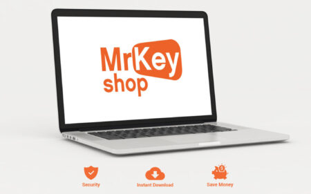 A laptop displaying the logo "mrkeyshop" on its screen, placed on a simple white background, with icons symbolizing Microsoft Office, security, and savings below.