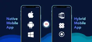 Two smartphones showcase icons representing native and hybrid mobile app interfaces, with symbols for apple, android, windows on the left and various combined tech symbols on the right, against a dark blue background.