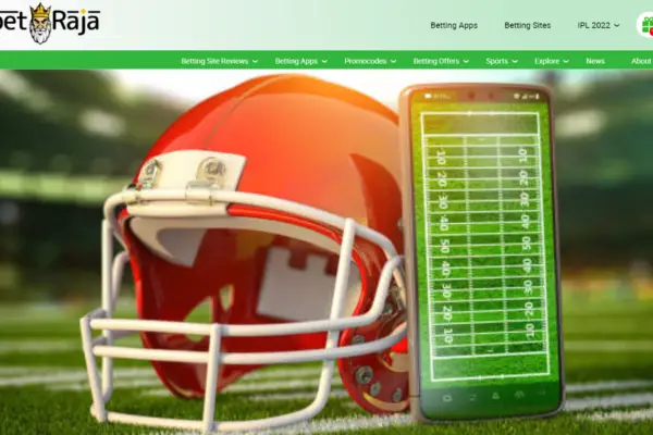 A vibrant image featuring a red cricket helmet next to a smartphone displaying a green betting on cricket app, set against a blurry cricket field background.