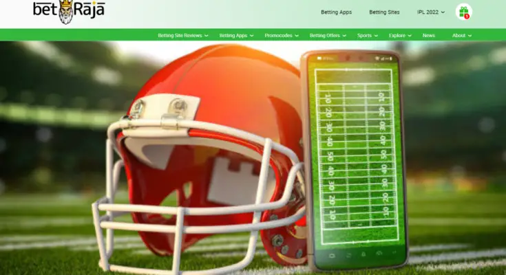 A vibrant image featuring a red cricket helmet next to a smartphone displaying a green betting on cricket app, set against a blurry cricket field background.