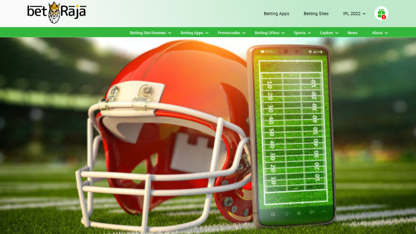 A vibrant image featuring a red cricket helmet next to a smartphone displaying a green betting on cricket app, set against a blurry cricket field background.