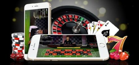 A collage depicting online gaming themes, including a smartphone displaying a roulette and poker game, casino chips, playing cards, a roulette wheel, and slot machine symbols like cherries and number seven.