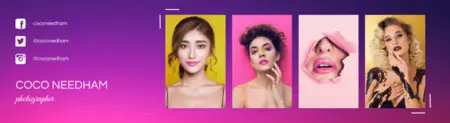Promotional banner for Coco Needham, featuring four distinct portraits of women in creative makeup and poses, against a purple background with social media handles listed.