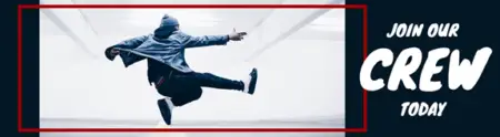 A dynamic banner featuring a person in a hoodie mid-leap against a white background with red and blue borders and text that reads "join our crew today.