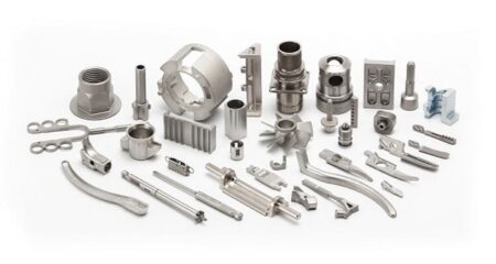A collection of various aluminium industrial parts and tools, including screws, bolts, wrenches, and gears, neatly arranged on a plain white background.