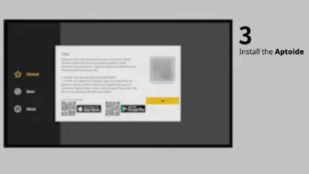 Digital screen displaying instructions for installing aptoide on an Android TV, featuring a dialog box with numbered steps and QR codes.