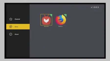 Screenshot of an Android TV digital interface showing application icons for Aptoide and Firefox on a dark background. The sidebar includes options for channel, store, and about, with version number v1.00