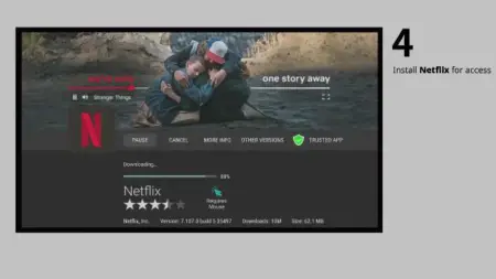 Screenshot of a Netflix download screen for the show "Stranger Things," featuring a paused scene with two young characters embracing and comforting each other, overlaid with various download and app information, displayed via Ben