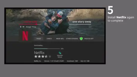 A screenshot showing a paused Netflix series with an emotional scene of two characters embracing, overlaid with download progress at 51% for a Netflix app update on an Android TV.