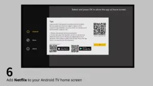 A television screen displaying instructions on how to add Netflix to an Android TV home screen, featuring a QR code, textual steps, and logos for Google Play and the App Store, with sound output from a