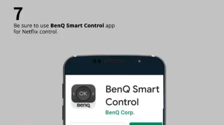 A smartphone displaying the BenQ smart control app, highlighting the ok button and BenQ Corp logo, with a text overlay advising to use this app for Netflix control on the BenQ GV30 portable projector