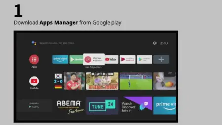 A screenshot of an Android TV interface showing multiple app icons like YouTube, Netflix, and Prime Video. The screen displays instructions to download the Apps Manager from Google Play.