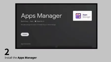 An on-screen display showing the installation page for the "apps manager" app, compatible with Android TV, which is rated for 3+ years and categorized under 'tools' by beoncorp,