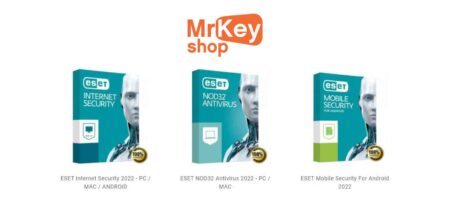 Three software package boxes labeled mrkey from eset, displaying internet security, antivirus, and mobile security products, all featuring a stylized female face design.