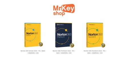 Three Norton 360 antivirus product boxes displayed side by side with varying editions: deluxe, premium, and standard, each compatible with Android, iOS, Mac, and PC.