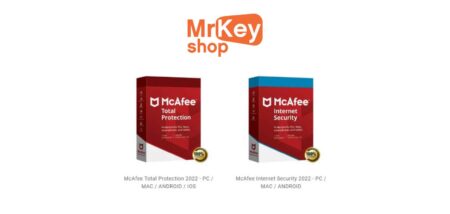 Two McAfee antivirus software boxes labeled "Total Protection" and "Internet Security" for PC and Mac, displayed side by side on a white background.
