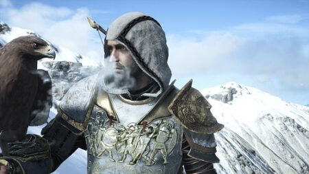 A digital artwork depicting a video gaming character in medieval armor with a hood, standing beside a large eagle, against a snowy mountain background.