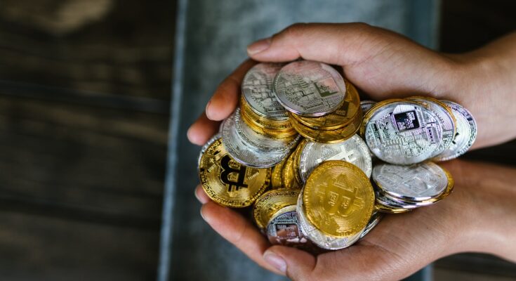 person holding gold and silver coins