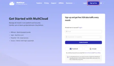 A webpage for MultCloud featuring a "get started with MultCloud" header, text about features, and a sign-up form offering free 5GB data. Options to create an account or sign up