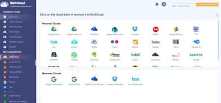 A screenshot of the MultCloud website interface displaying various personal and business cloud storage options, including icons for Google Drive, Dropbox, OneDrive, and others, in a well-organized layout.