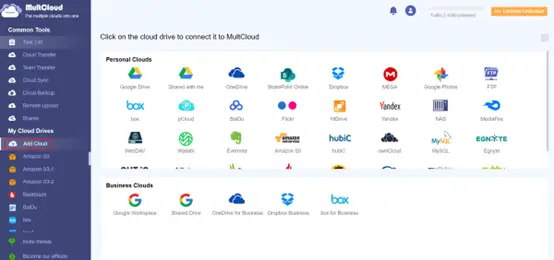 A screenshot of the MultCloud website interface displaying various personal and business cloud storage options, including icons for Google Drive, Dropbox, OneDrive, and others, in a well-organized layout.