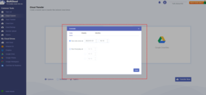 A screenshot of a cloud transfer interface on MultCloud's website, showing a schedule task window for data transfer between cloud drives with options to set date, time, and frequency.
