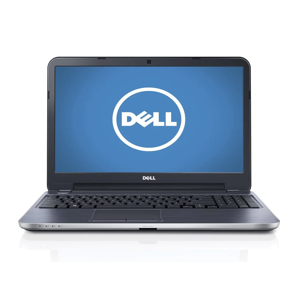 A Dell laptop with a silver body and black keyboard, displaying the Dell drivers logo on its screen, isolated against a white background.