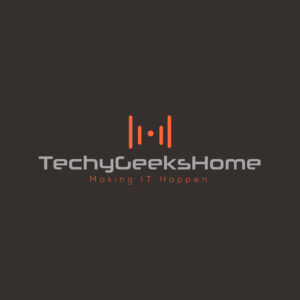 Logo of techygeekshome featuring an orange graphic resembling a sound wave above the stylized text, set against a black background with the tagline "making it happen" below.