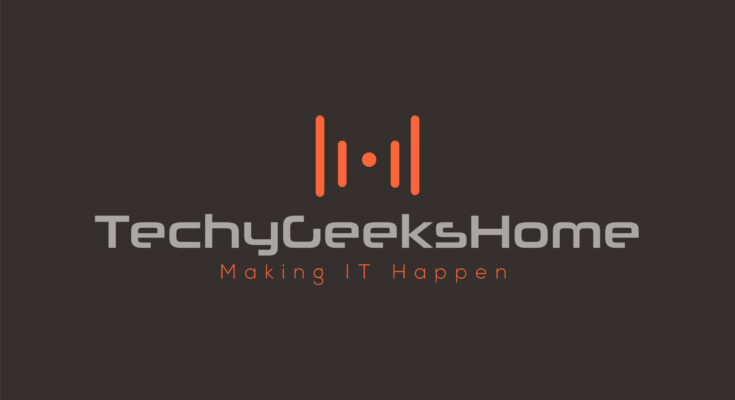 Logo of techygeekshome featuring an orange graphic resembling a sound wave above the stylized text, set against a black background with the tagline "making it happen" below.