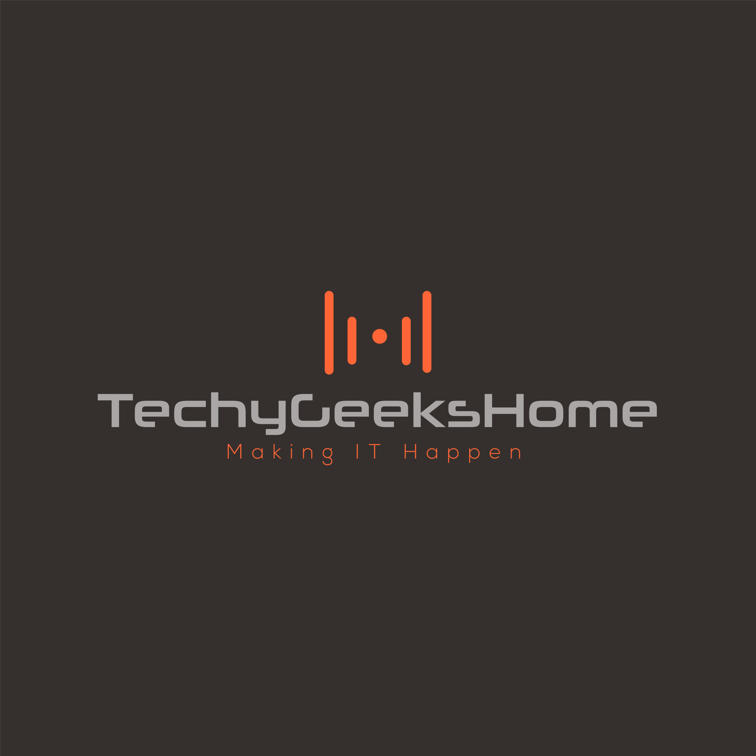 Logo of techygeekshome featuring an orange graphic resembling a sound wave above the stylized text, set against a black background with the tagline "making it happen" below.