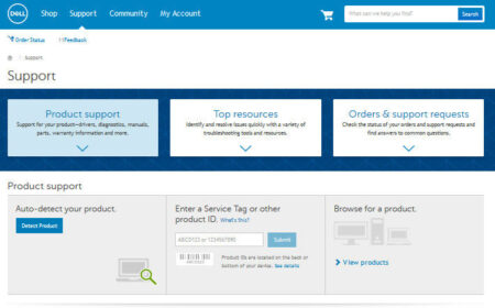 Screenshot of Dell support website featuring navigation tabs, sections for product support, dell drivers, identifying resources, and checking request status, along with options to detect product or enter a service tag.