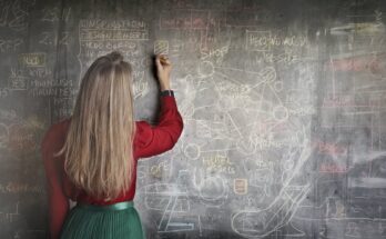 woman in red long sleeve writing on chalk board