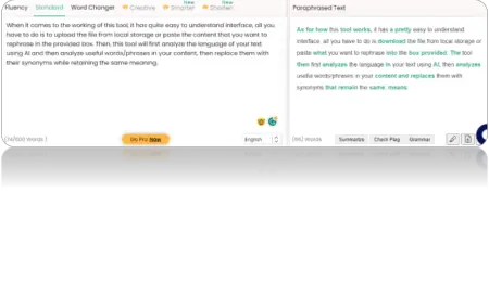 Screenshot of the Paraphraser.io software interface with open tabs: 'fluency', 'standard', 'word changer', and translation options, showing a section for original text and a section displaying paraph