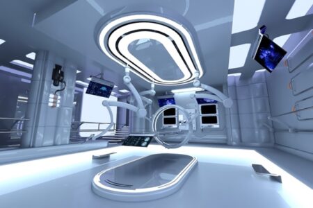 Futuristic surgical room with modern, sleek design featuring advanced equipment, white and blue color scheme, curvilinear shapes, and floating screens displaying data on technological advancements reducing surgical error.