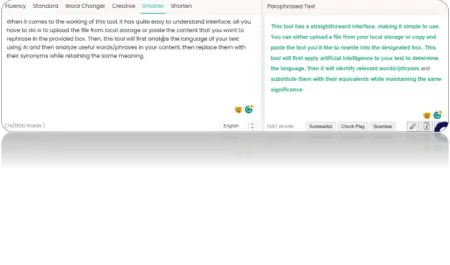 Screenshot of Paraphraser.io's web-based interface showing different functions like rephrase, summarize, and grammar check. The left side displays text input and the right side shows processed text